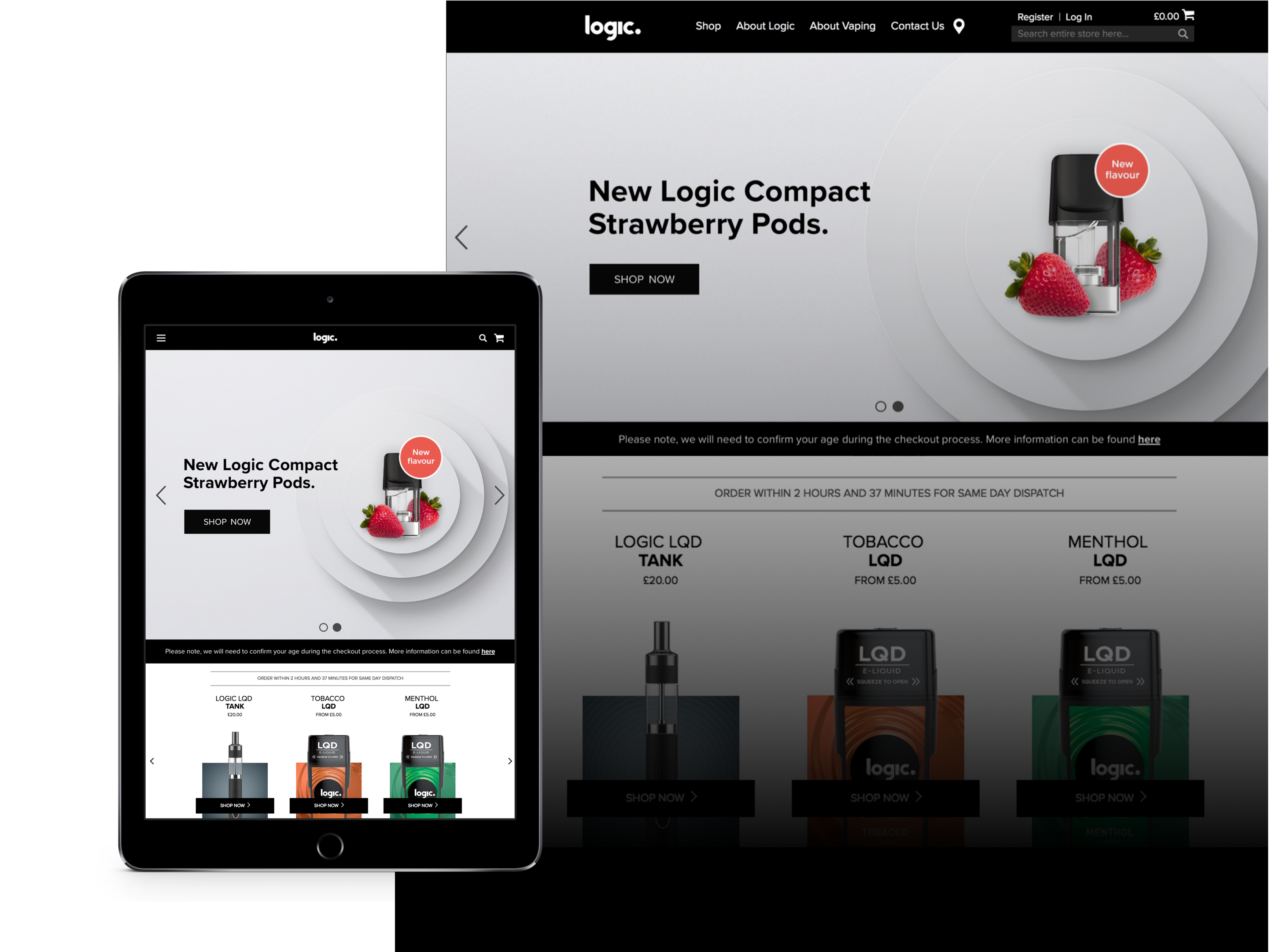 Campaign designs for Logic UK featuring strawberry compact vaping flavour