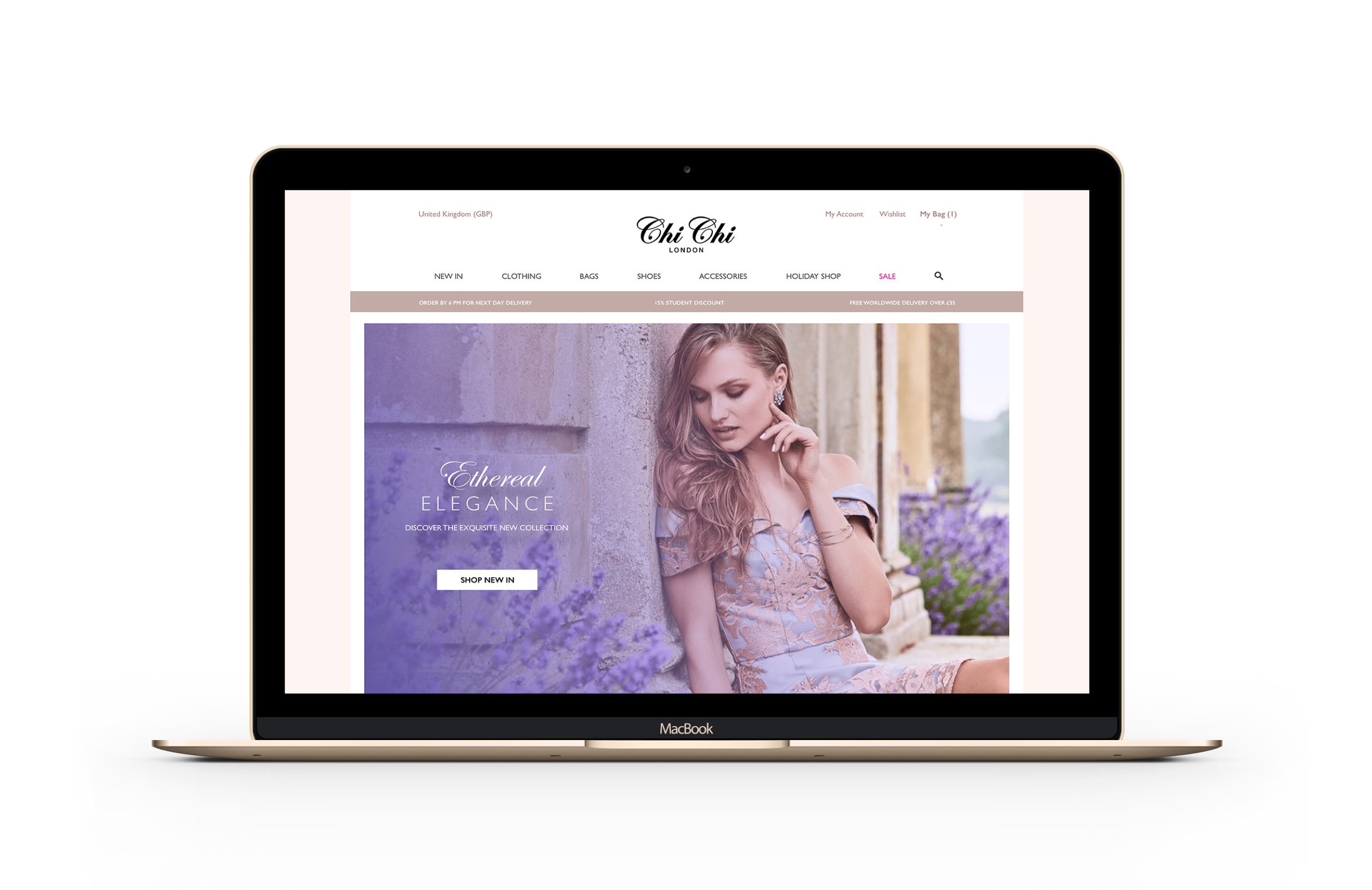 Chi Chi London Home page design shown on a screen of a golden macbook