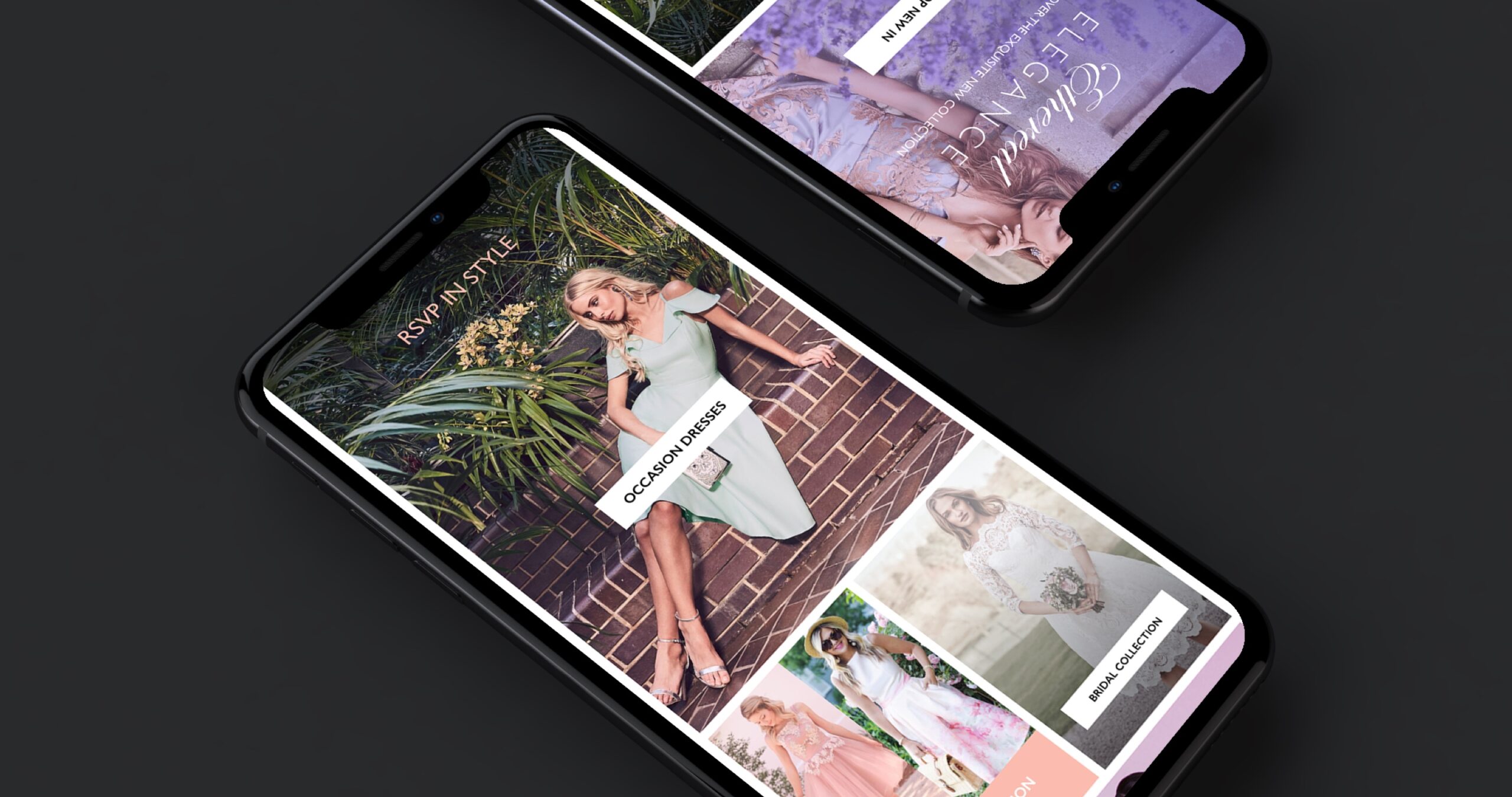 2 Mobile phones laying on the black surface showing the mobile view of a fashion website home pae