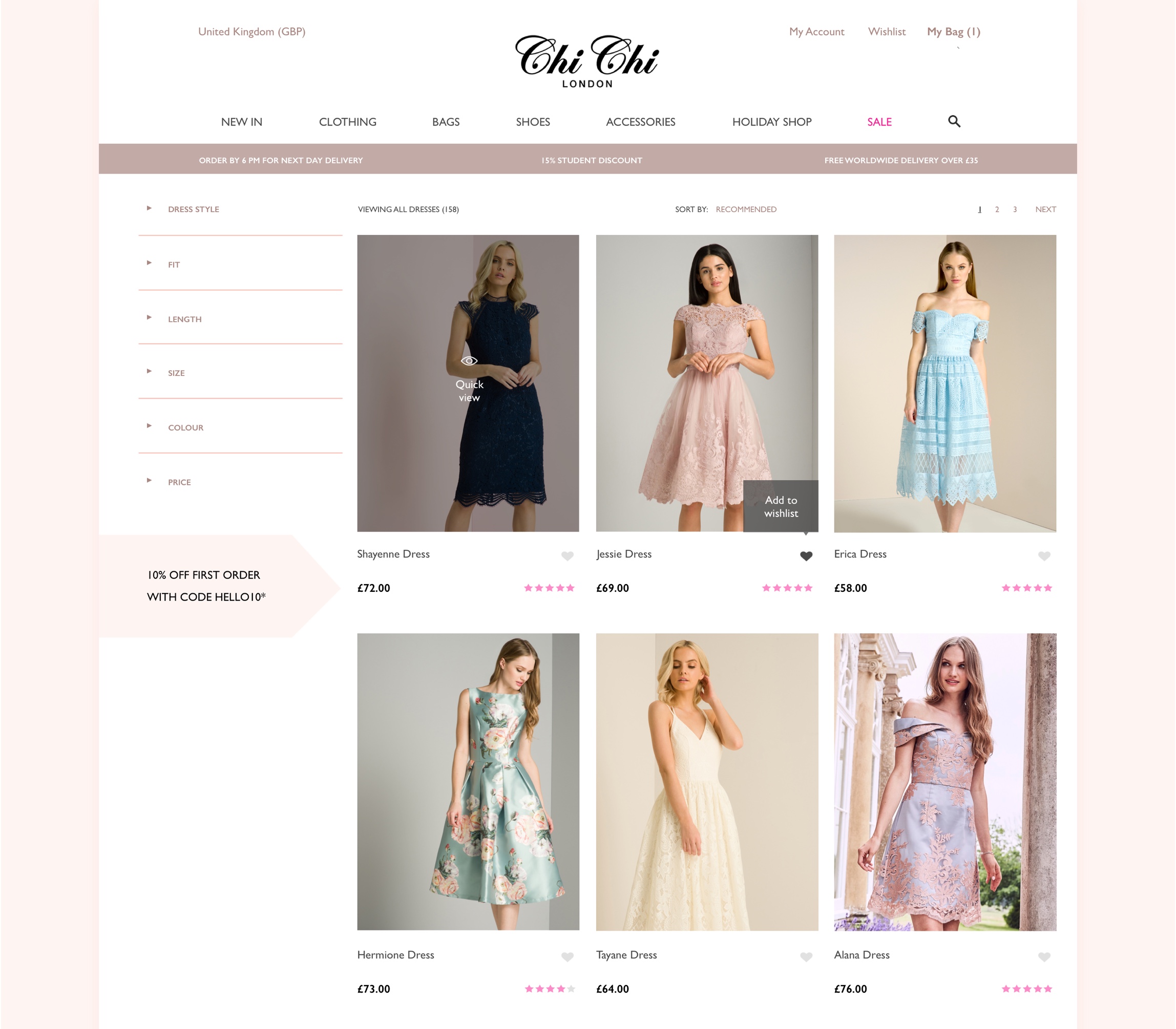 Chi Chi London flat design of a product page