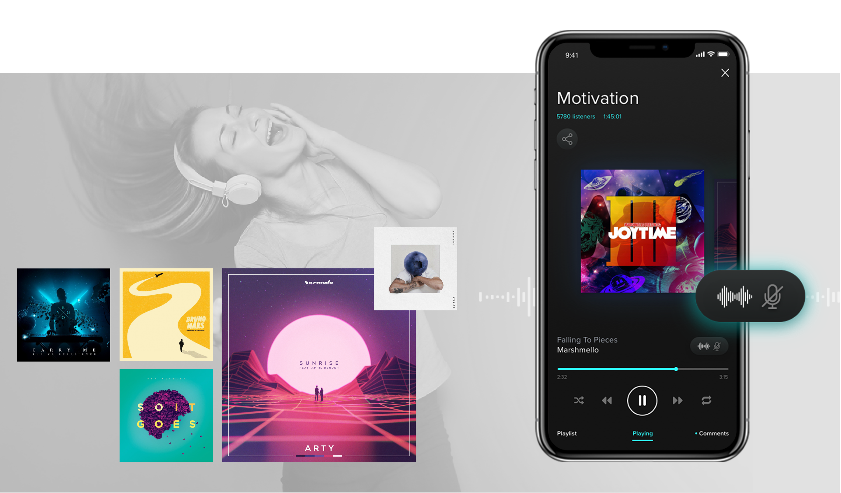 Composition of images showing a few music album covers and iphone screen with a music app