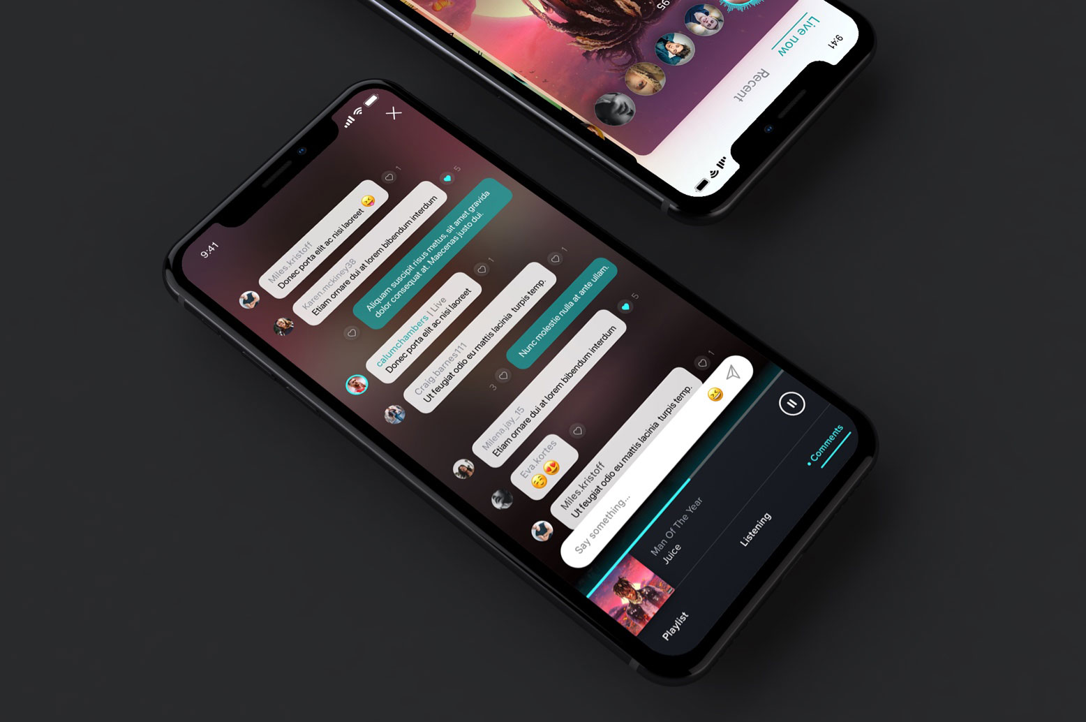 two iphones showing chat functionality in a music app