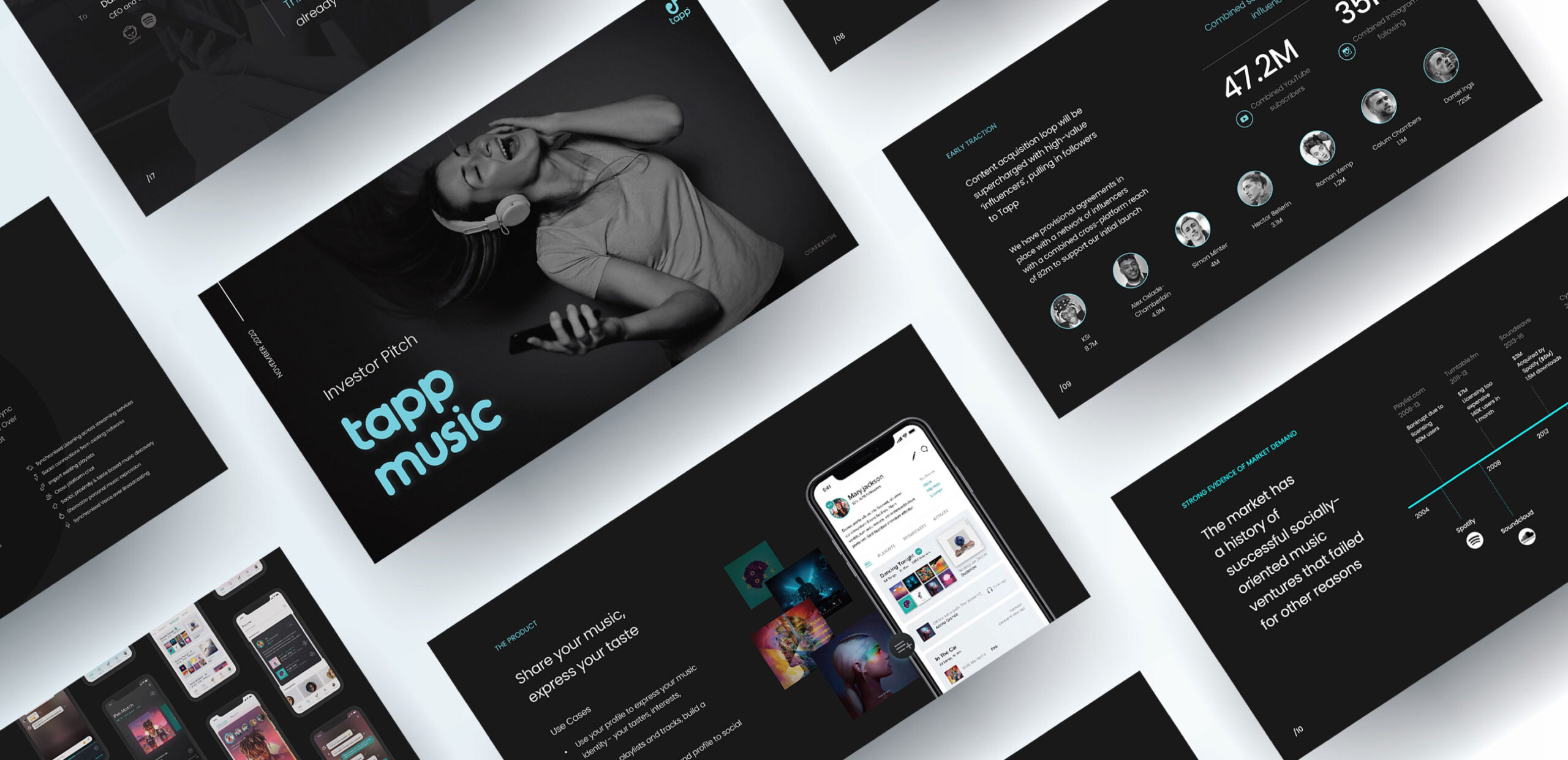 Music app pitch deck slides presented together in a mockup