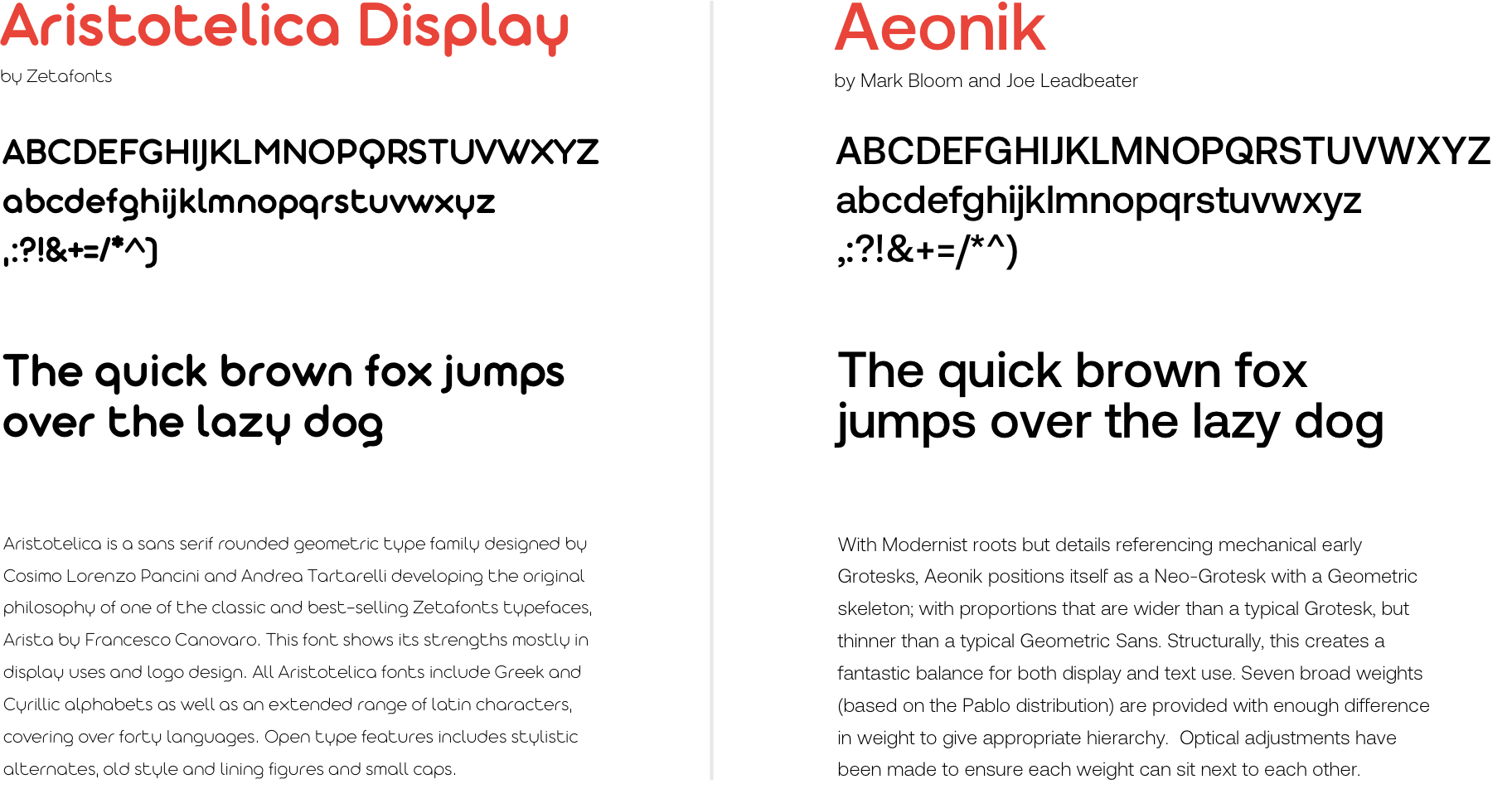 Showcasing two fonts used in a project - Ariestotelica Display and Aeonik