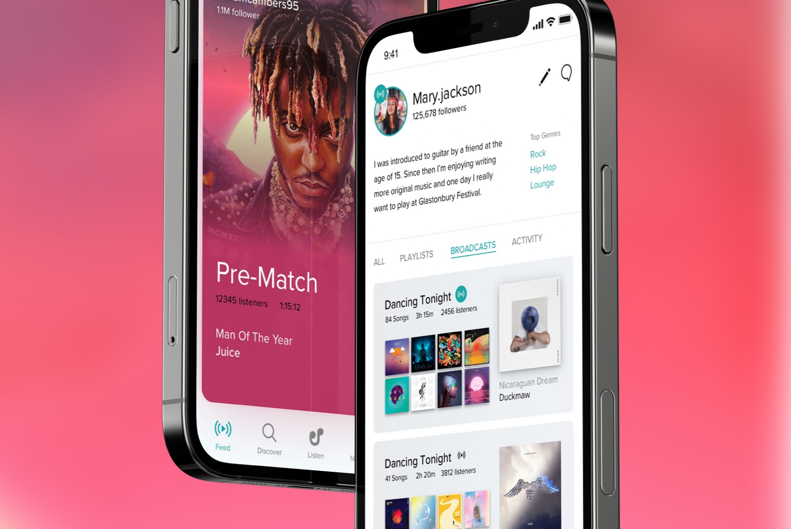 Project thumbnail. Two angled iphone screens showing a music app on a pink background