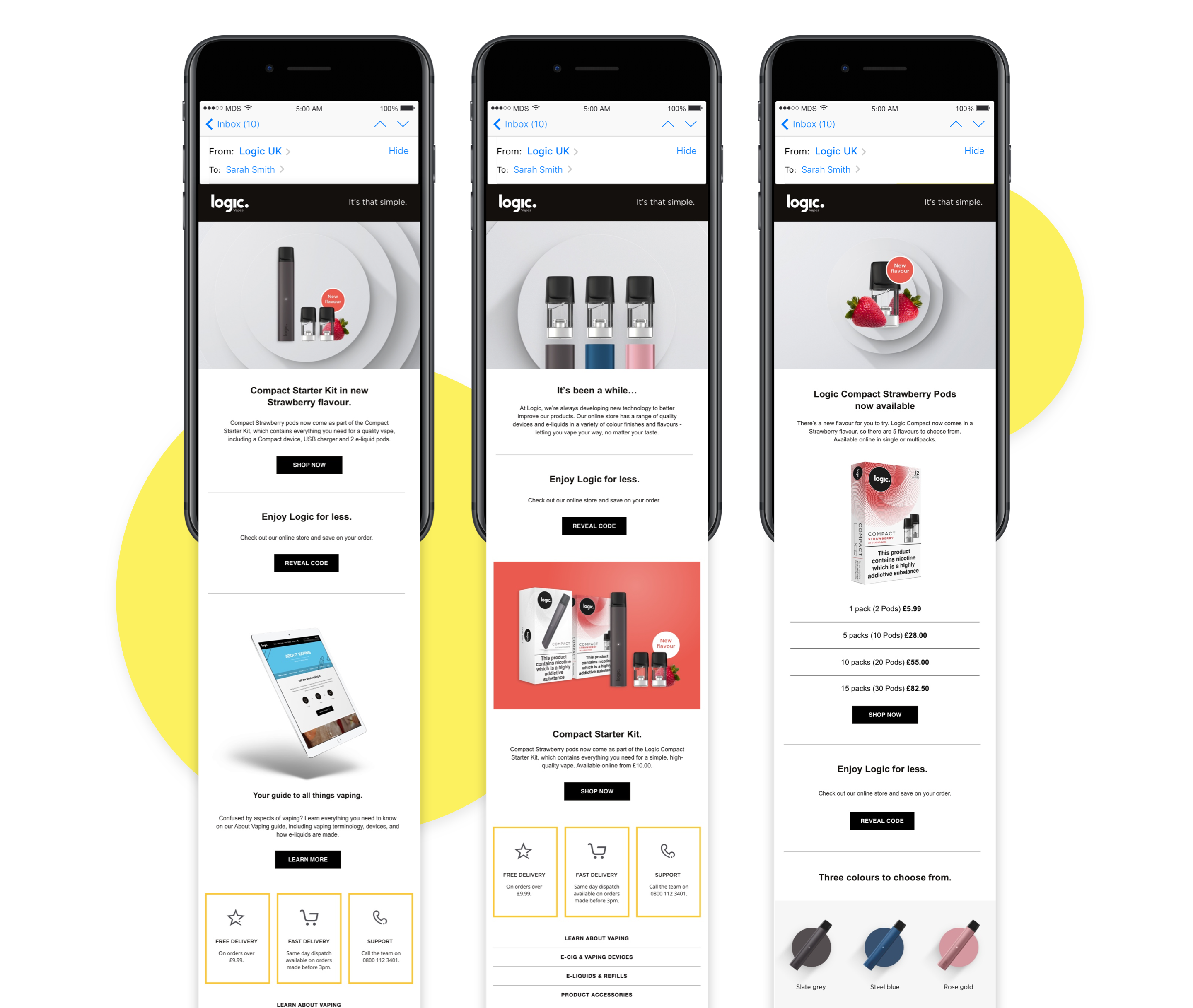 3 iphones demonstrating newsletter designs for Logic UK