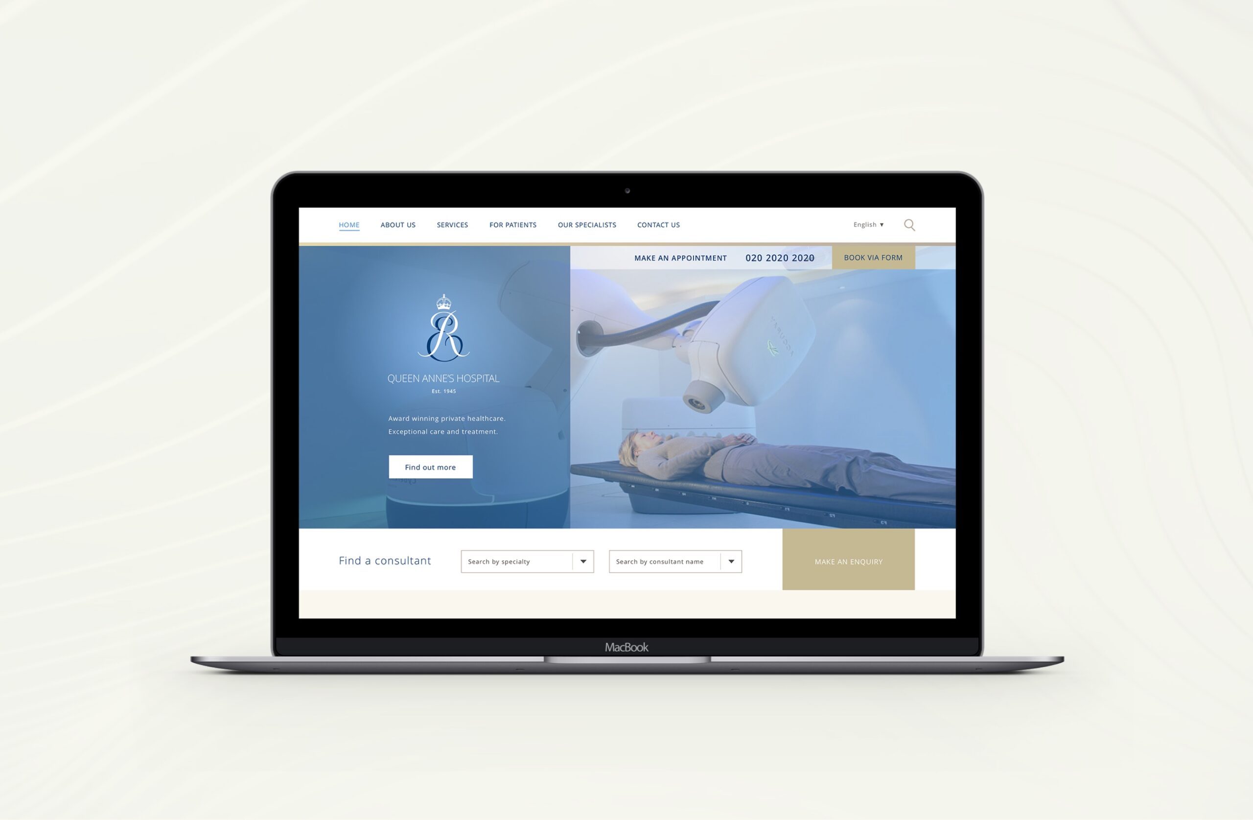 Home page design for a hospital website is shown on a screen of a Macbook