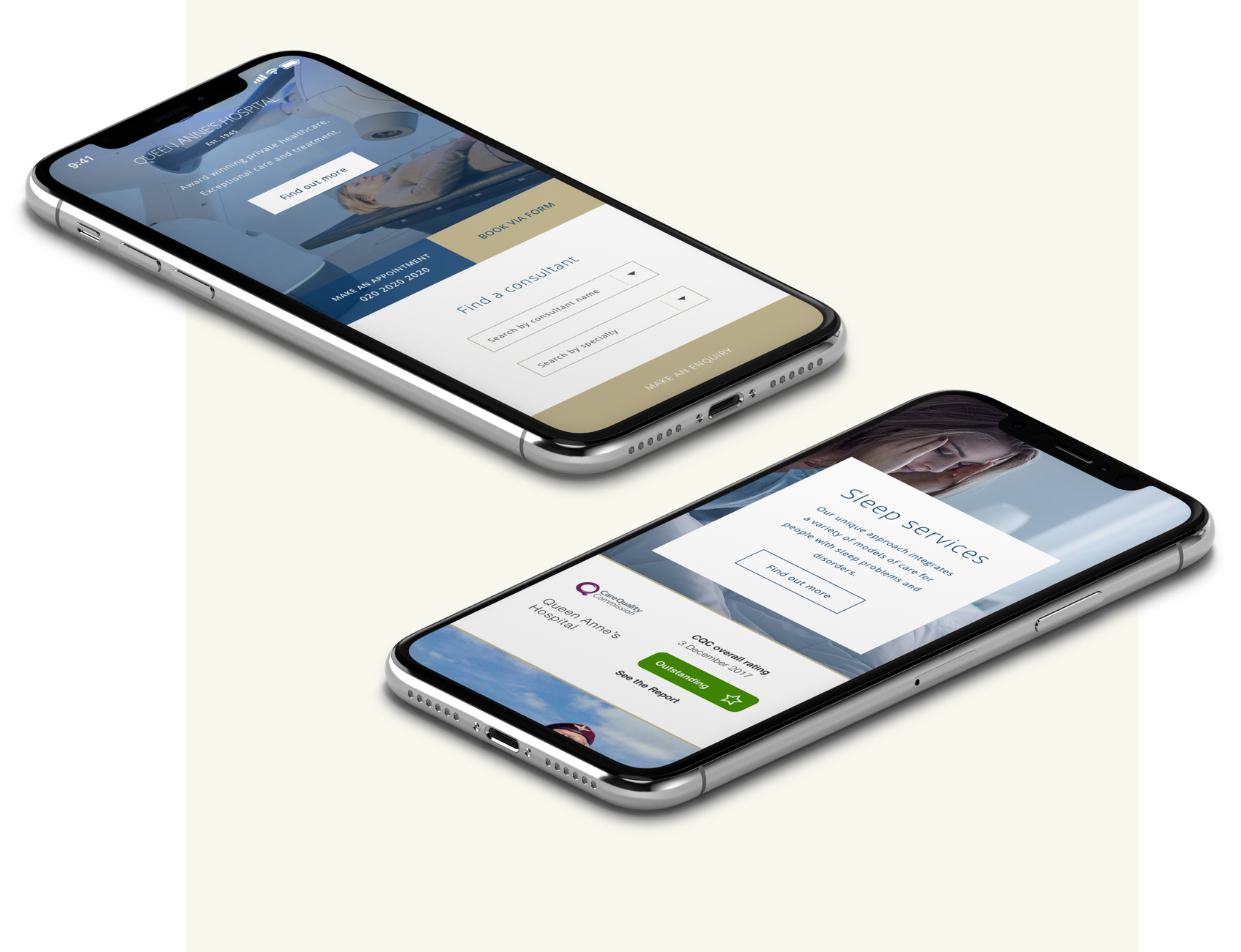 two iphones showing mobile view of the home page design for a hospital