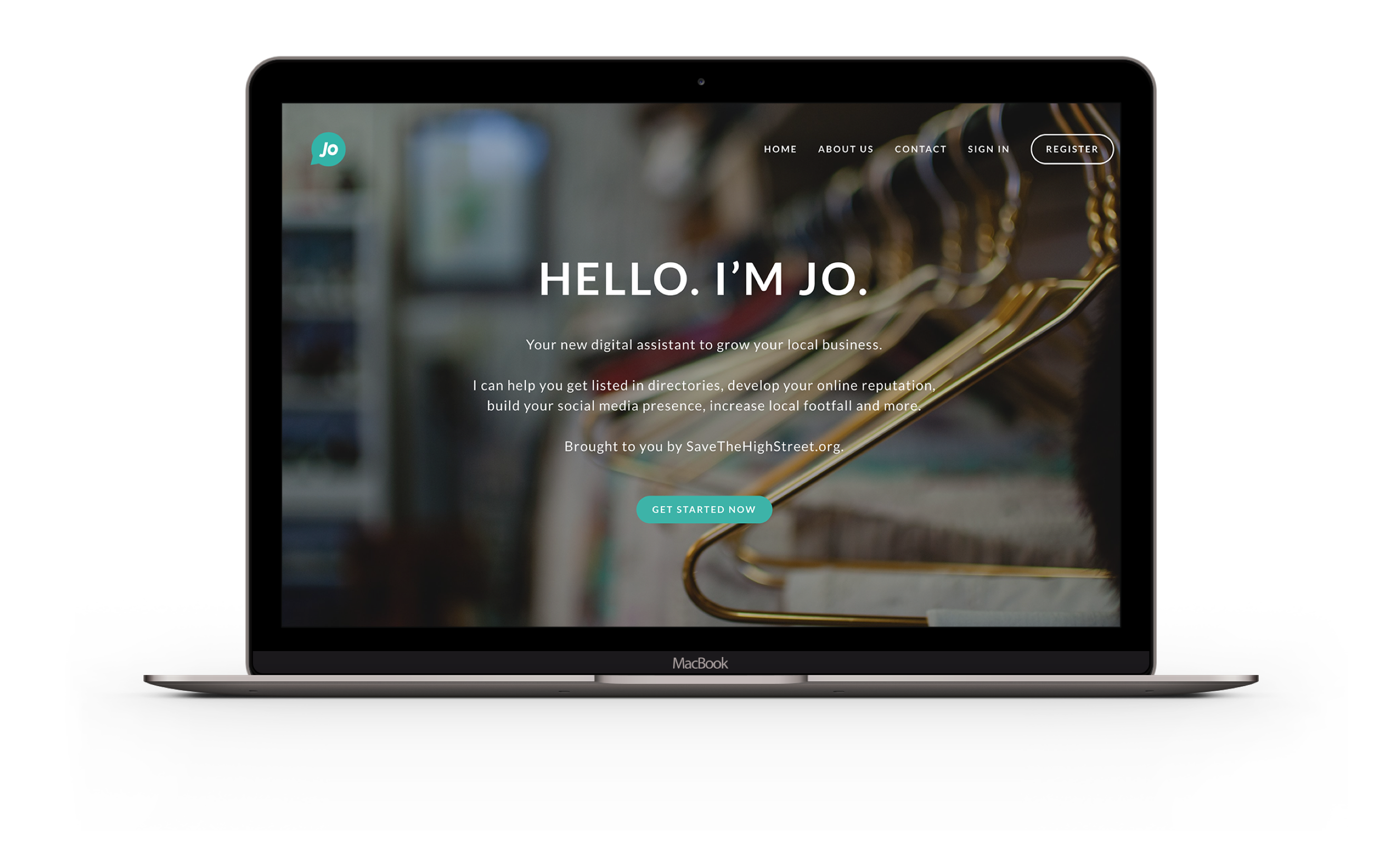 joinjo.com home page design is demonstrating in on a macbook mockup