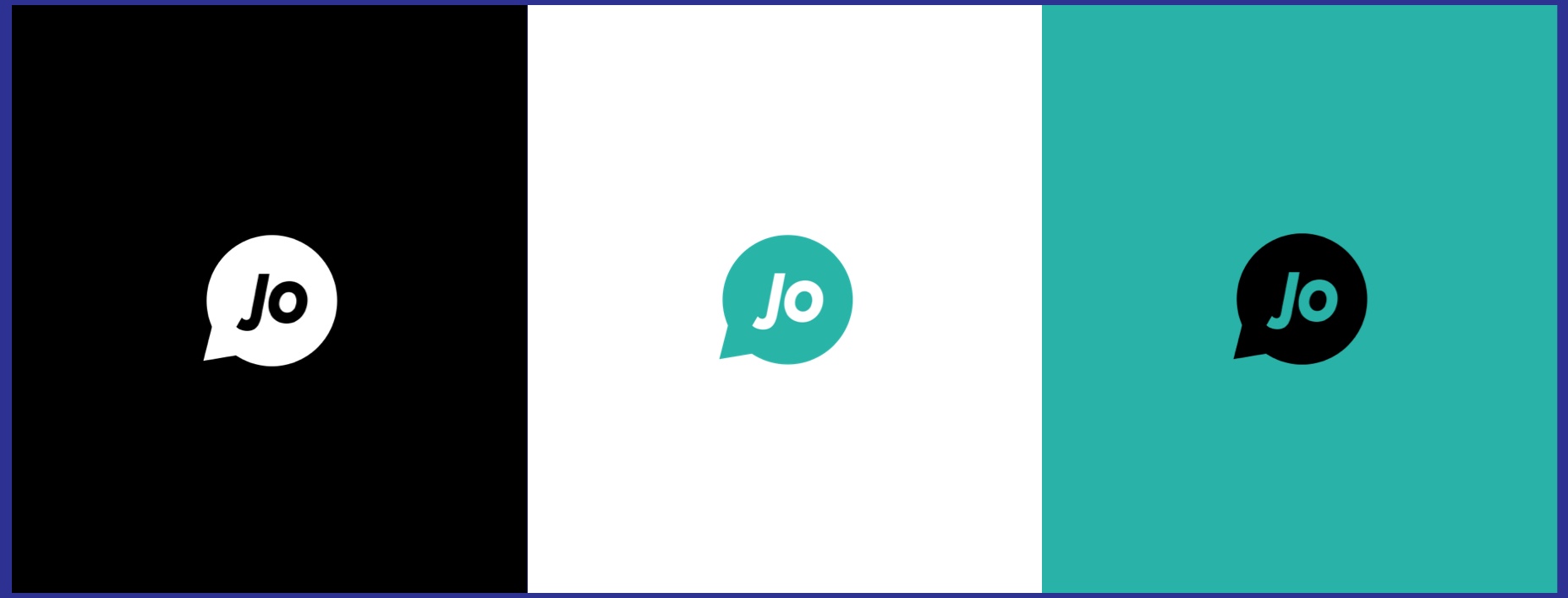 App logo color variations shown on a black, white and turquoise color backgrounds