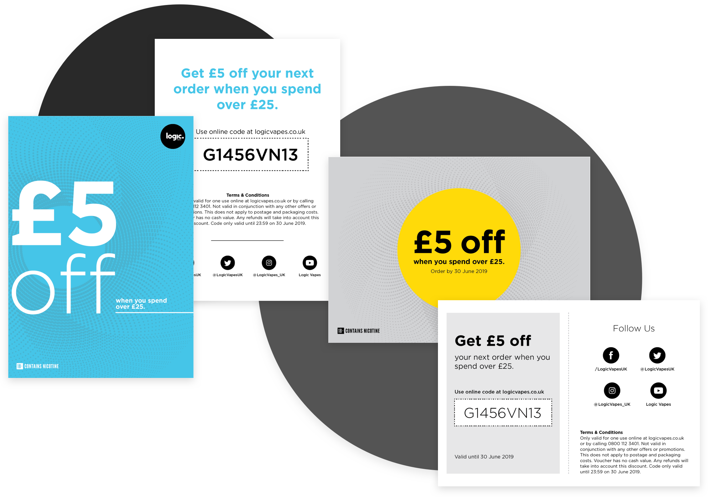 two designs of discount vouchers for a vaping brand Logic UK