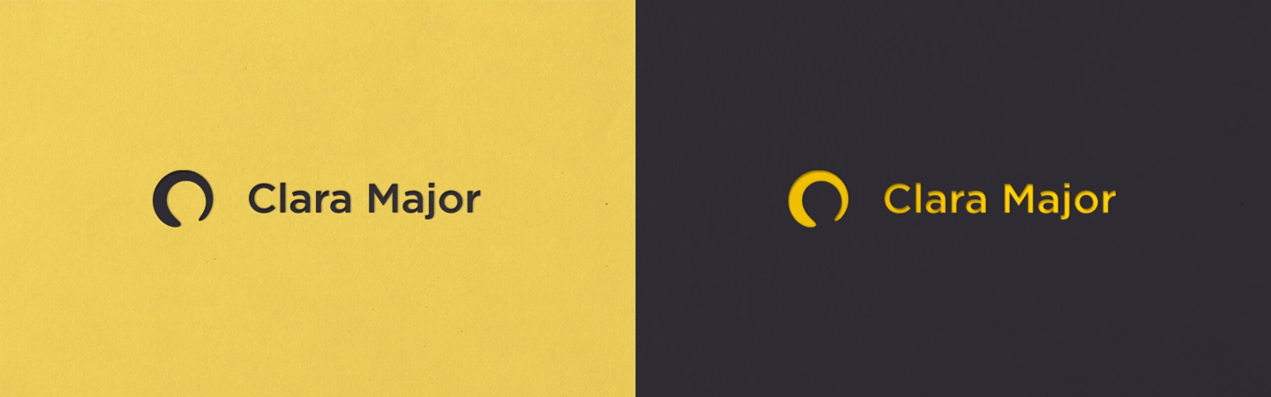 Clara major logo demonstrated on two cards. One - yellow logo on the dark purple background, and a purple logo on a yellow background.