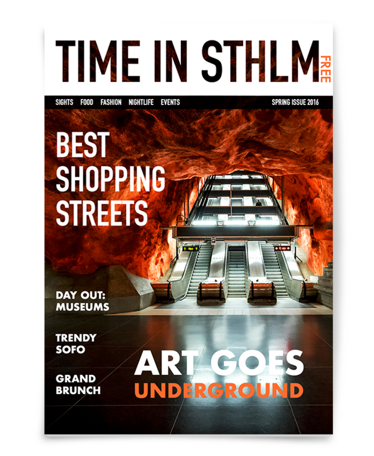 Designed magazine cover of Time in Sthlm magazine presented in a mockup for a realistic view