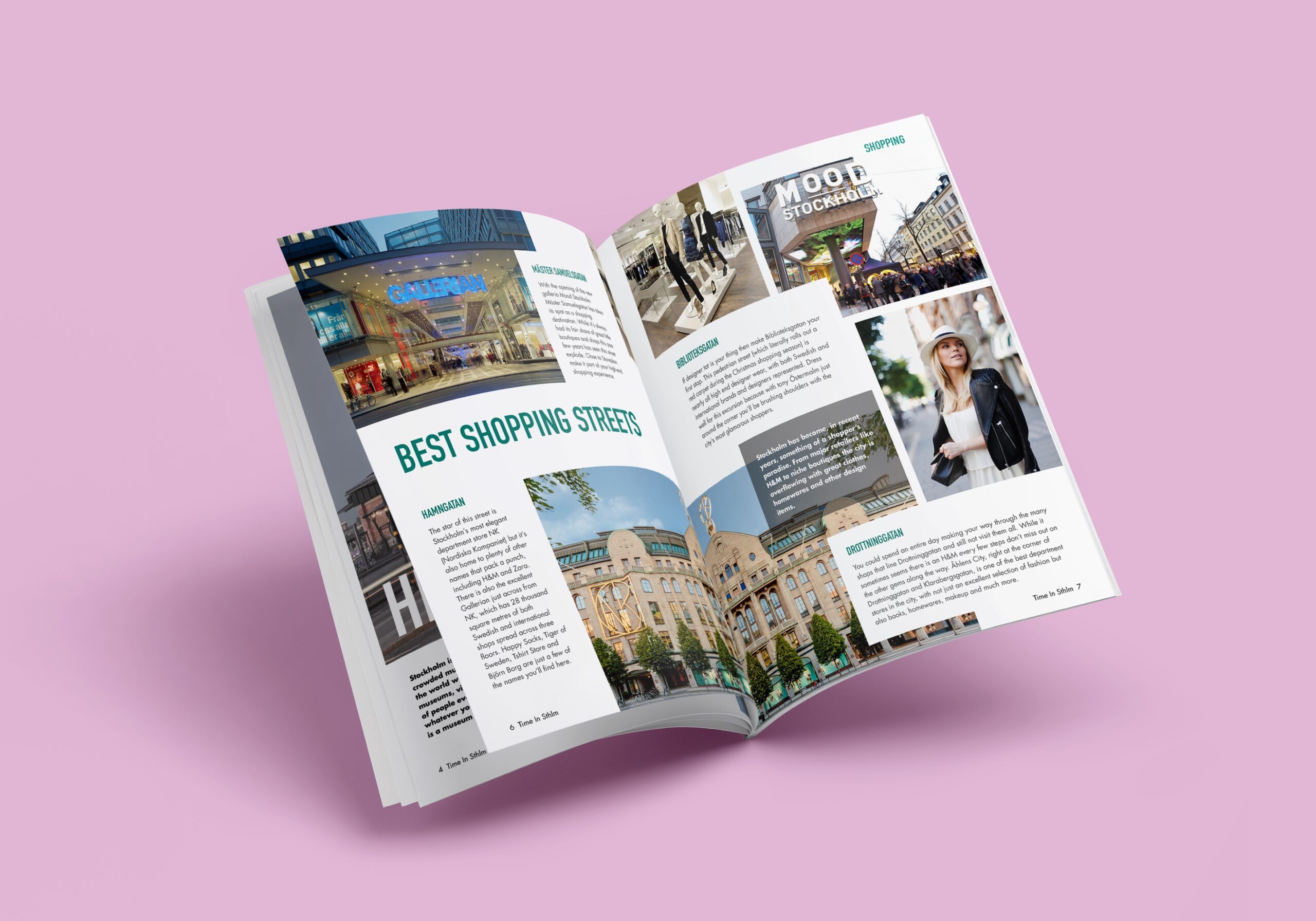 Hero image. Designed magazine layout presented in a mockup for a realistic view, pink background
