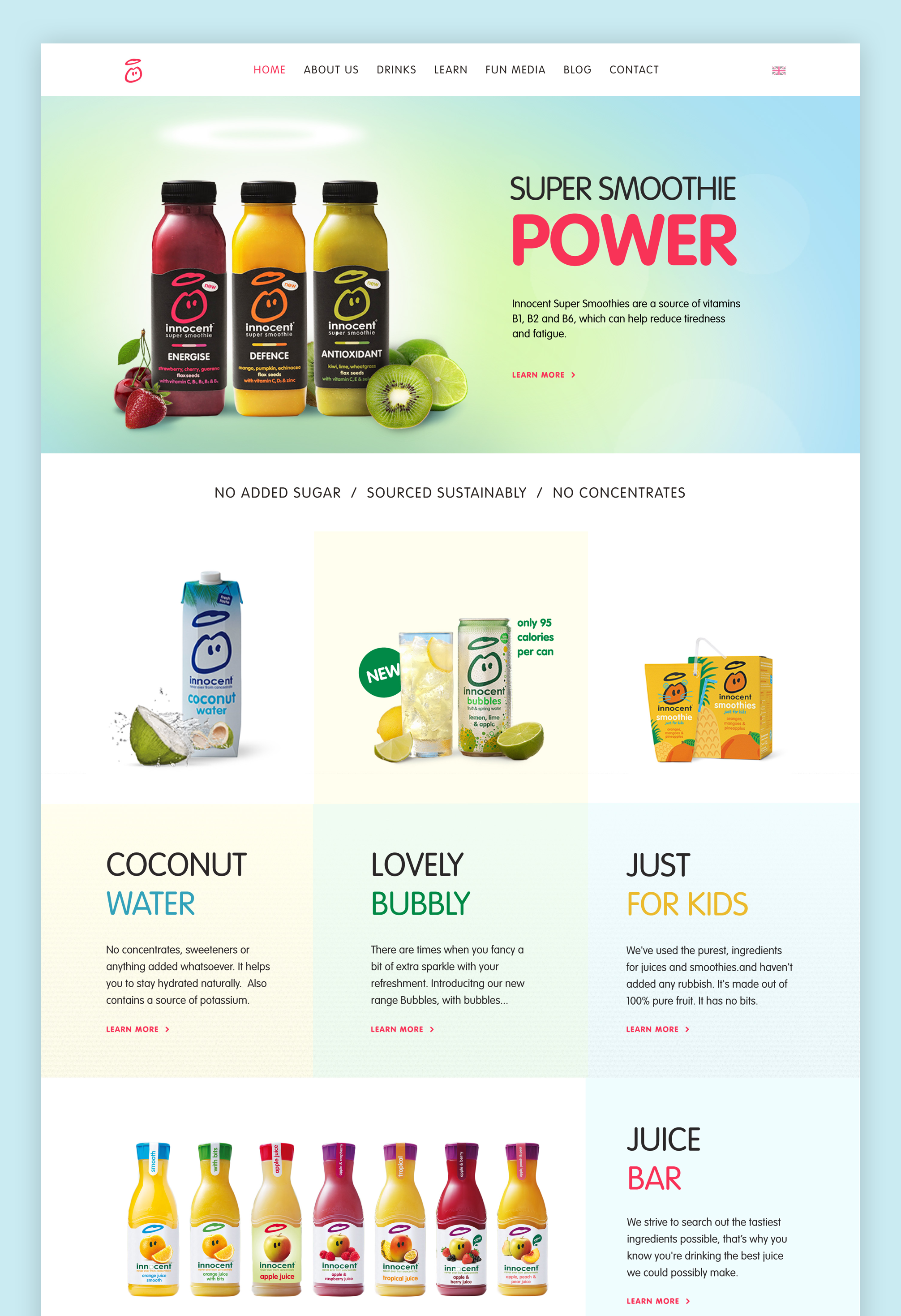 Top part of a flat design of a Home page for a personal project Innocent drinks concept