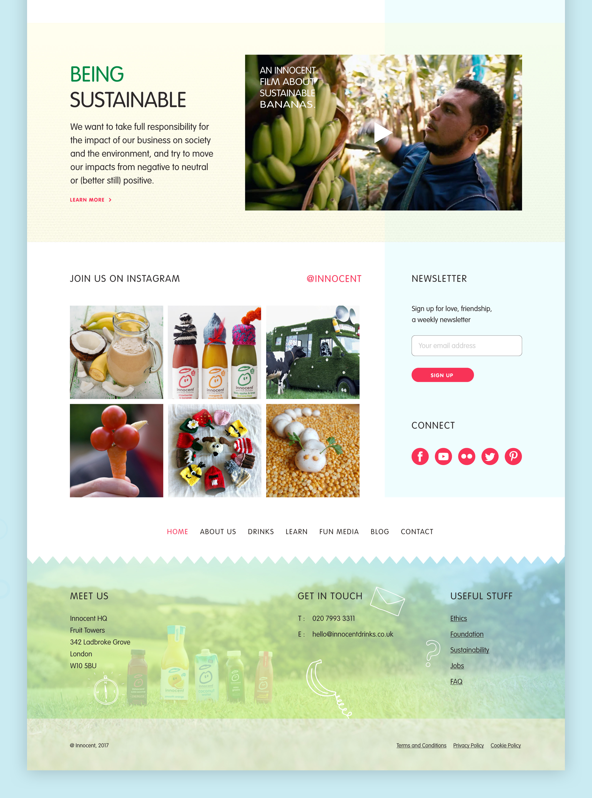 Bottom part of a Flat design of a Home page for a personal project Innocent drinks concept