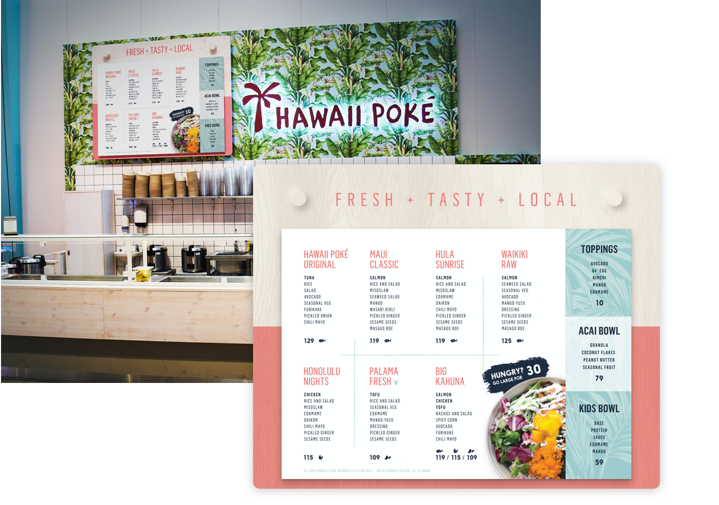 Wall menu design for a restaurant Hawaii Poke in Stockholm
