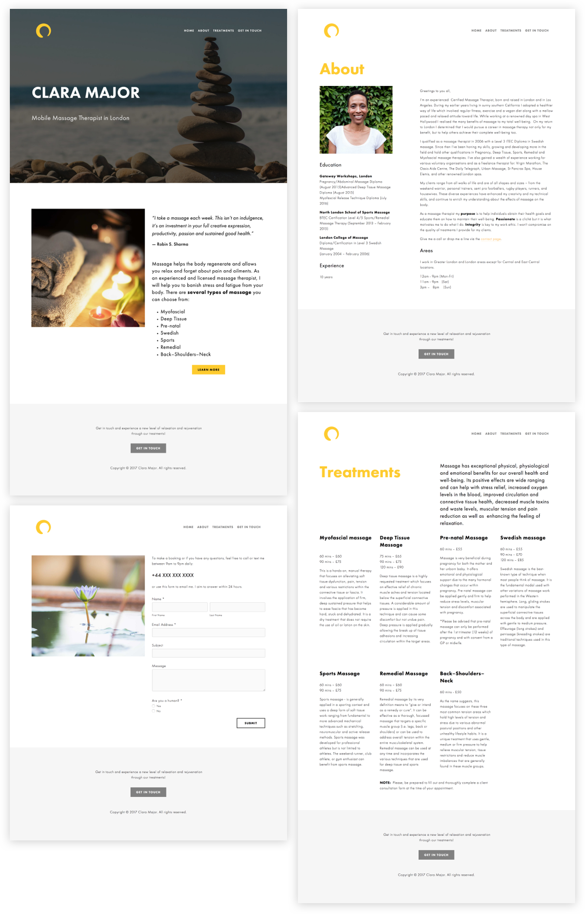 four flat webpage designs created for a massage therapist