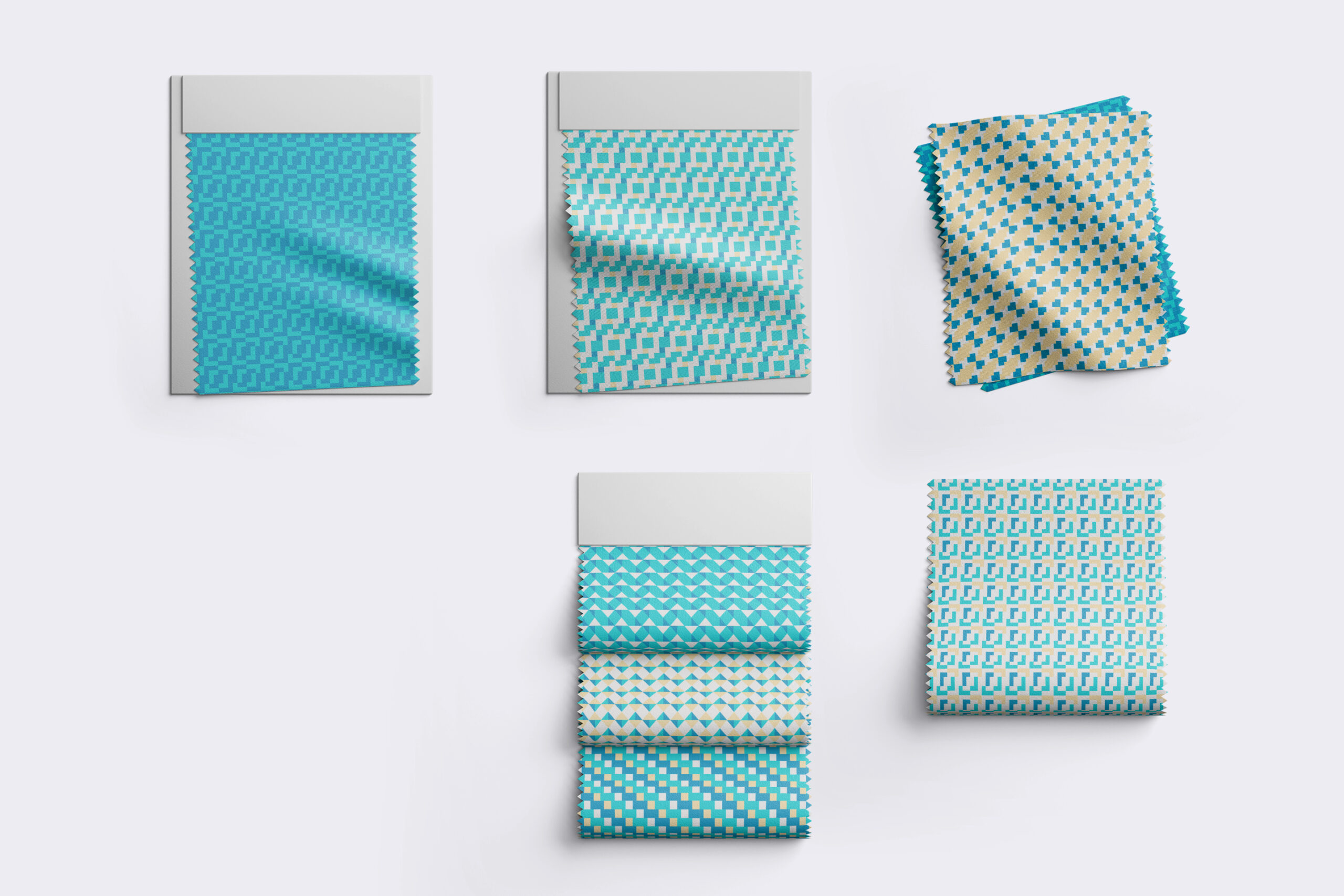 5 fabric swatches featuring geometric patterns