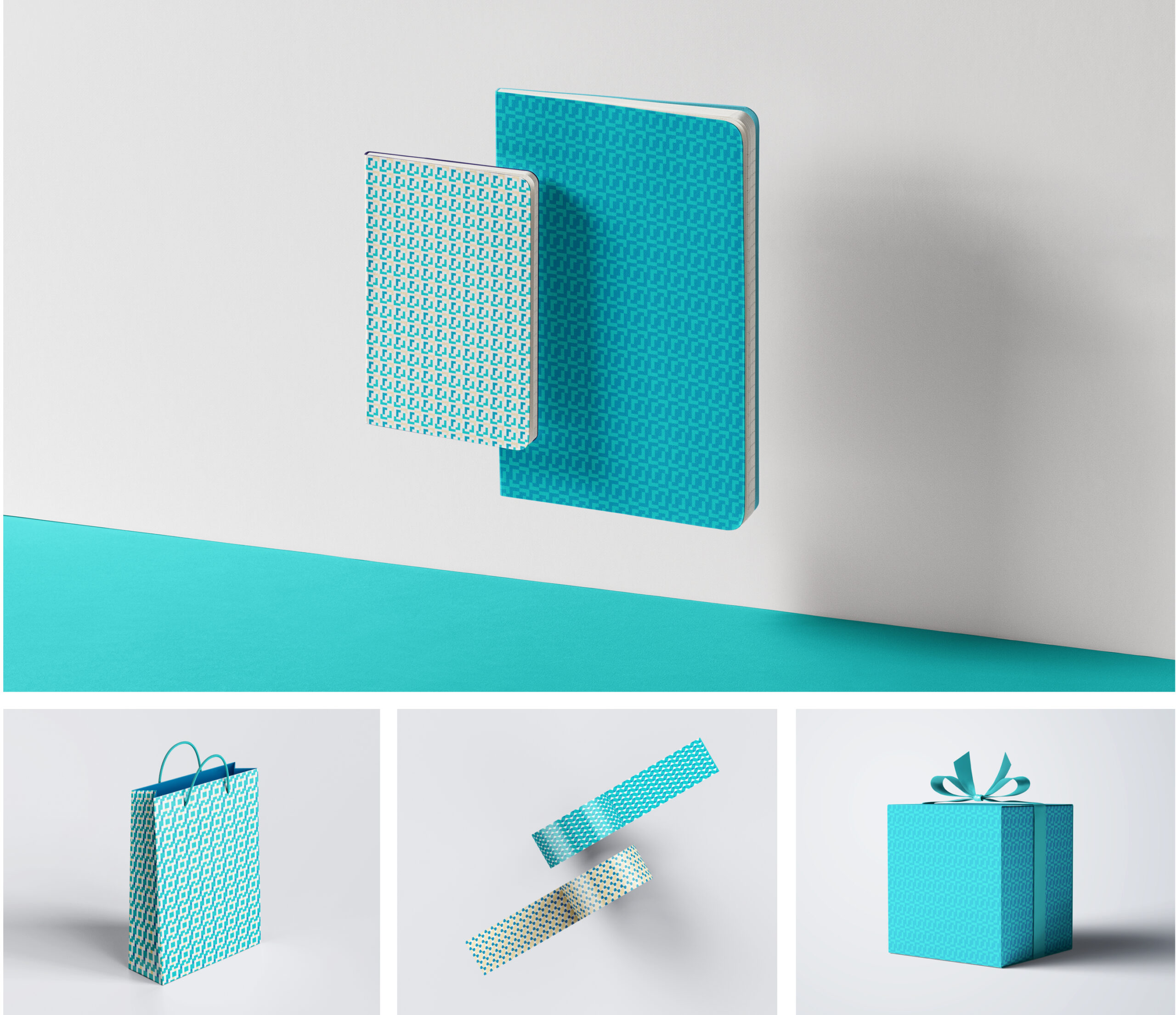 2 floating notebooks featuring geometric patterns